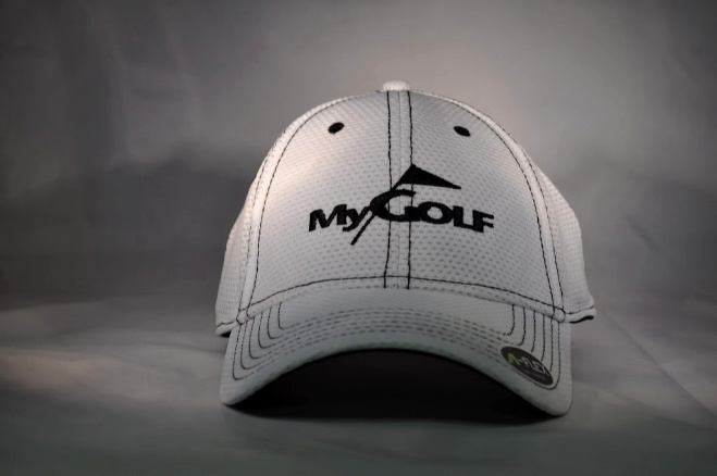 white and black golf hat